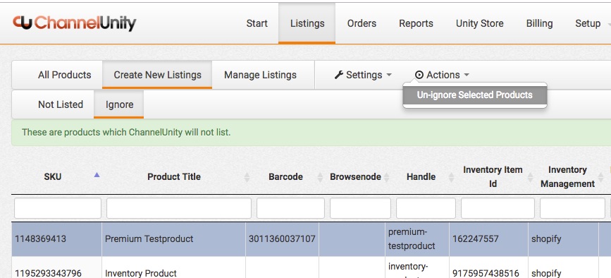 Un-ignore select products screenshot
